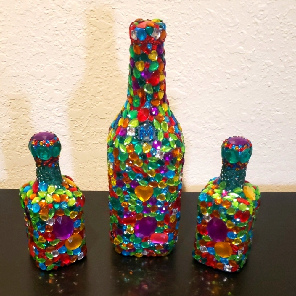 Vibrant Multicolor Mosaic Glass Bottle Trio: Bottles by Chanbursai